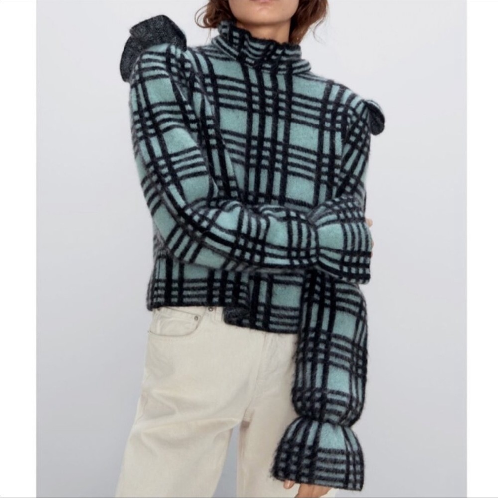 Zara Women Wool Mohair Check Sweater M High Collar